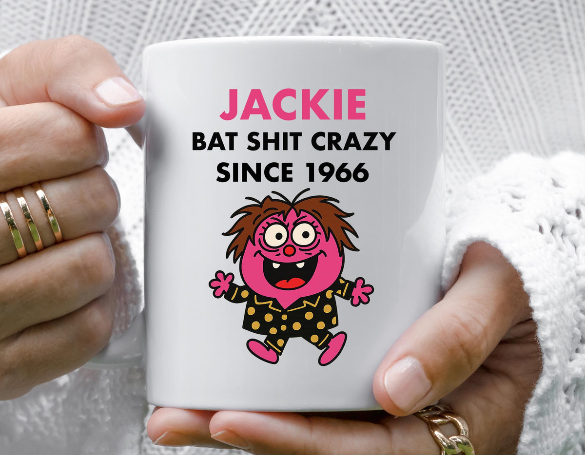 Personalised 60th Birthday Mug for Women – Bat Shit Crazy Design with Custom Name