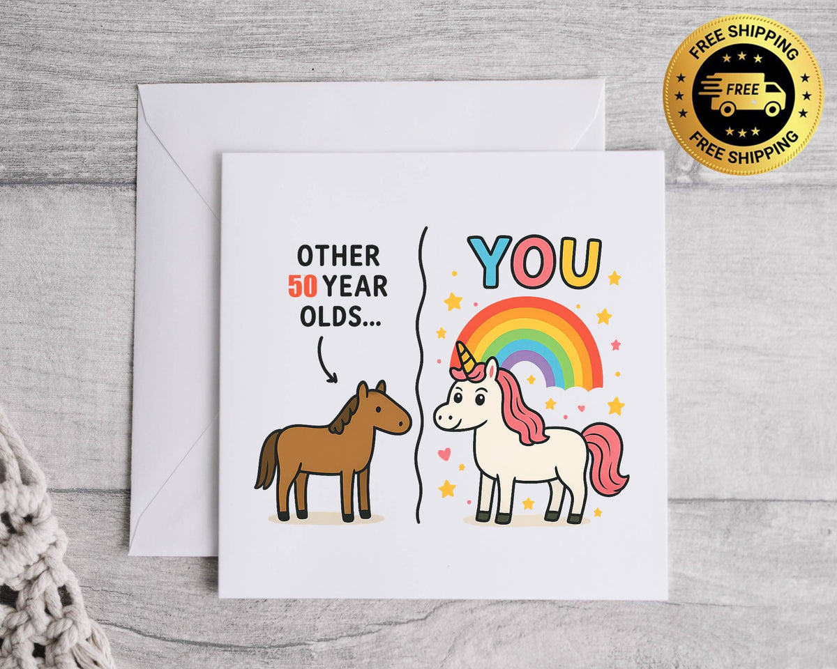 Funny 50th Birthday Card, Unicorn Design