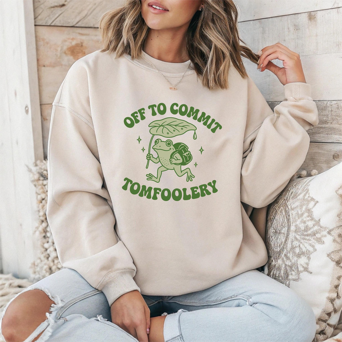 Parody Frog Sweatshirt - Funny Graphic Top- "Off to Commit Tomfoolery"