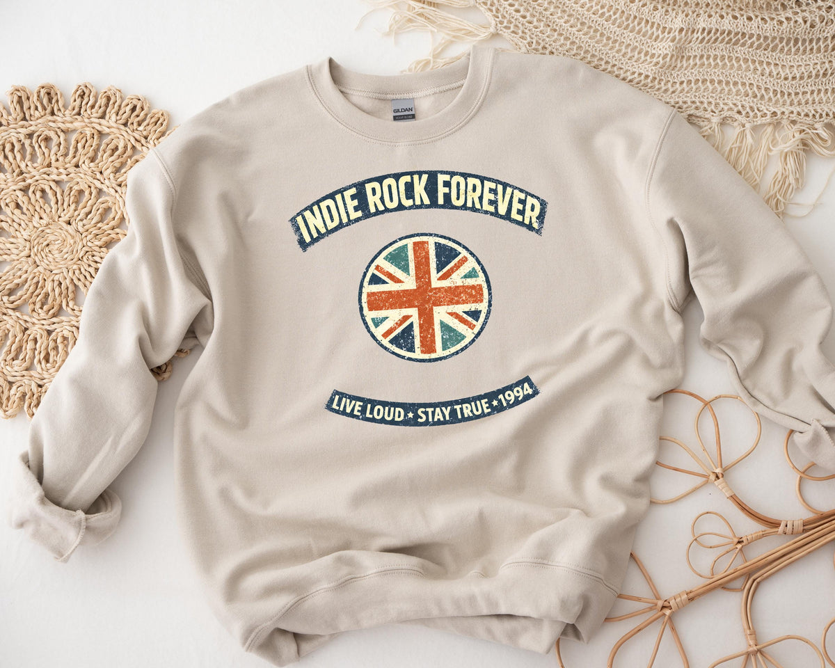 Music Sweatshirt: Indie Rock Forever Design, Sand Colour Gildan Heavyweight