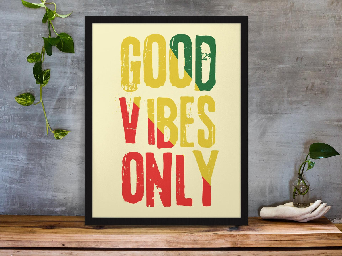 Framed Music Print Wall Art: Good Vibes Only Design - 2 Sizes A3 or A4