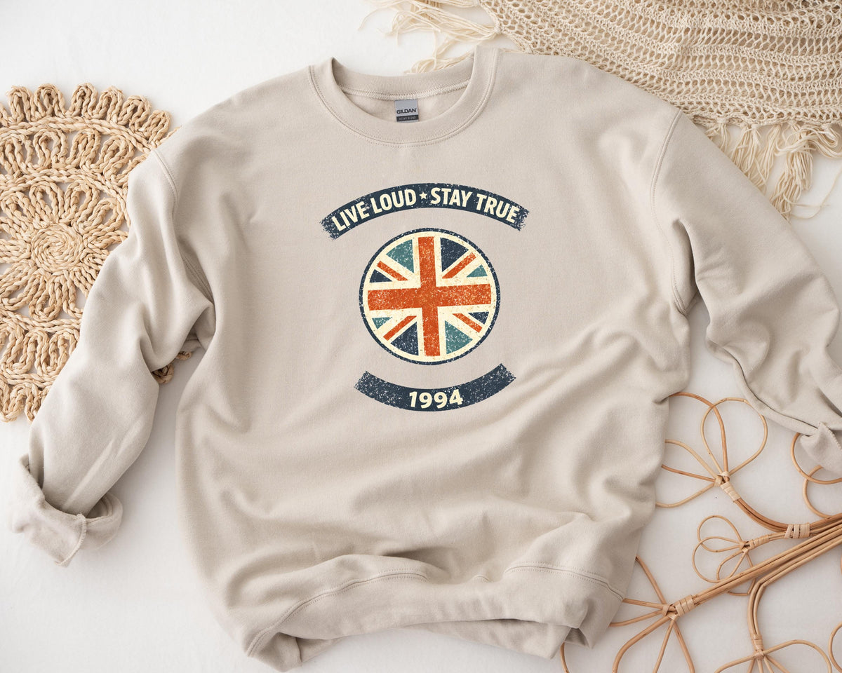 Music Sweatshirt: Live Loud Britpop Flag Design, Sand Colour Gildan Heavyweight