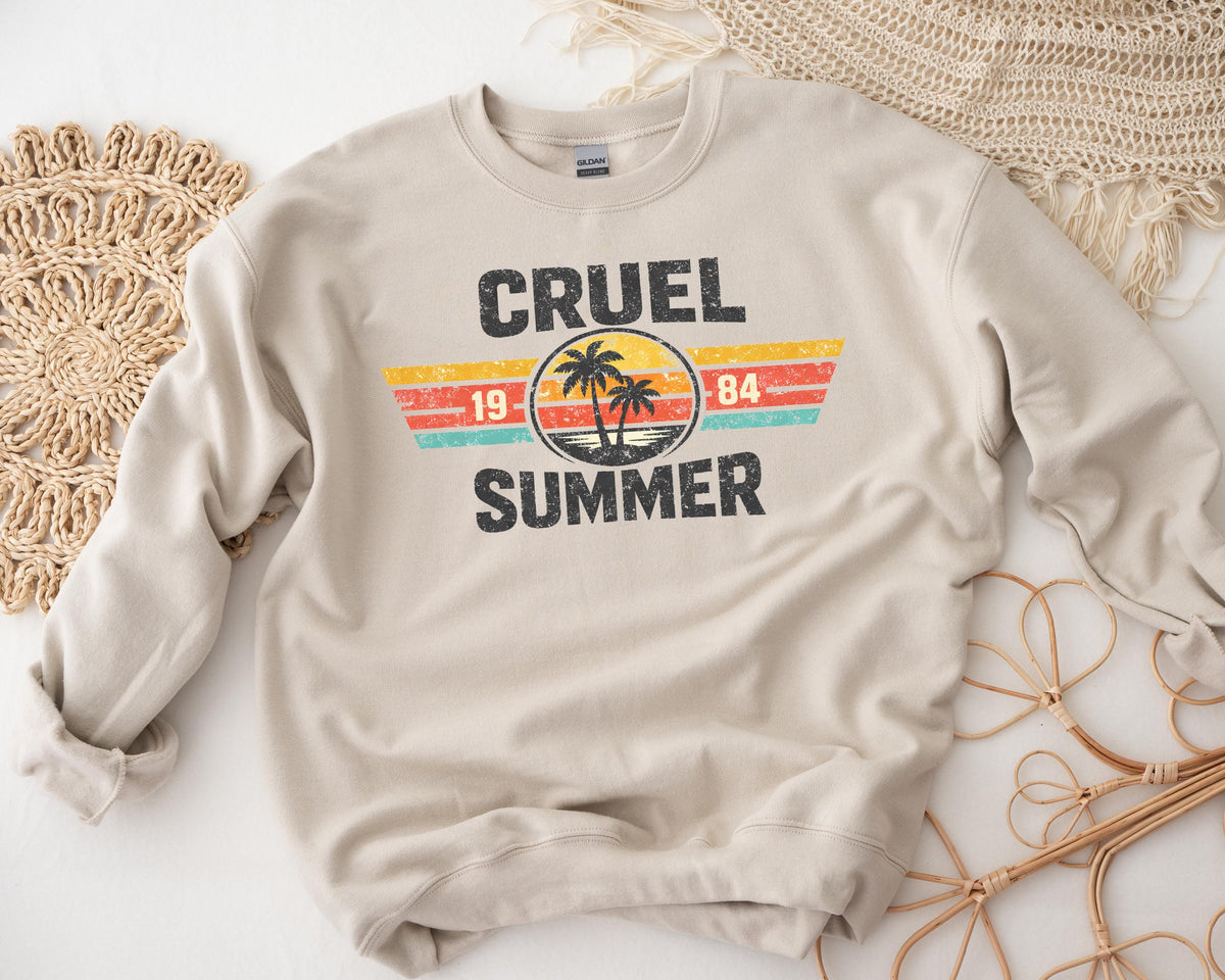 80s Retro Music Sweatshirt: Cruel Summer Design, Sand Colour Gildan Heavyweight