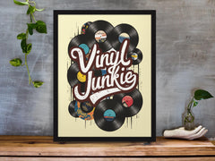 Framed Music Print Wall Art: Vinyl Junkie Design - 2 Sizes A3 - A4