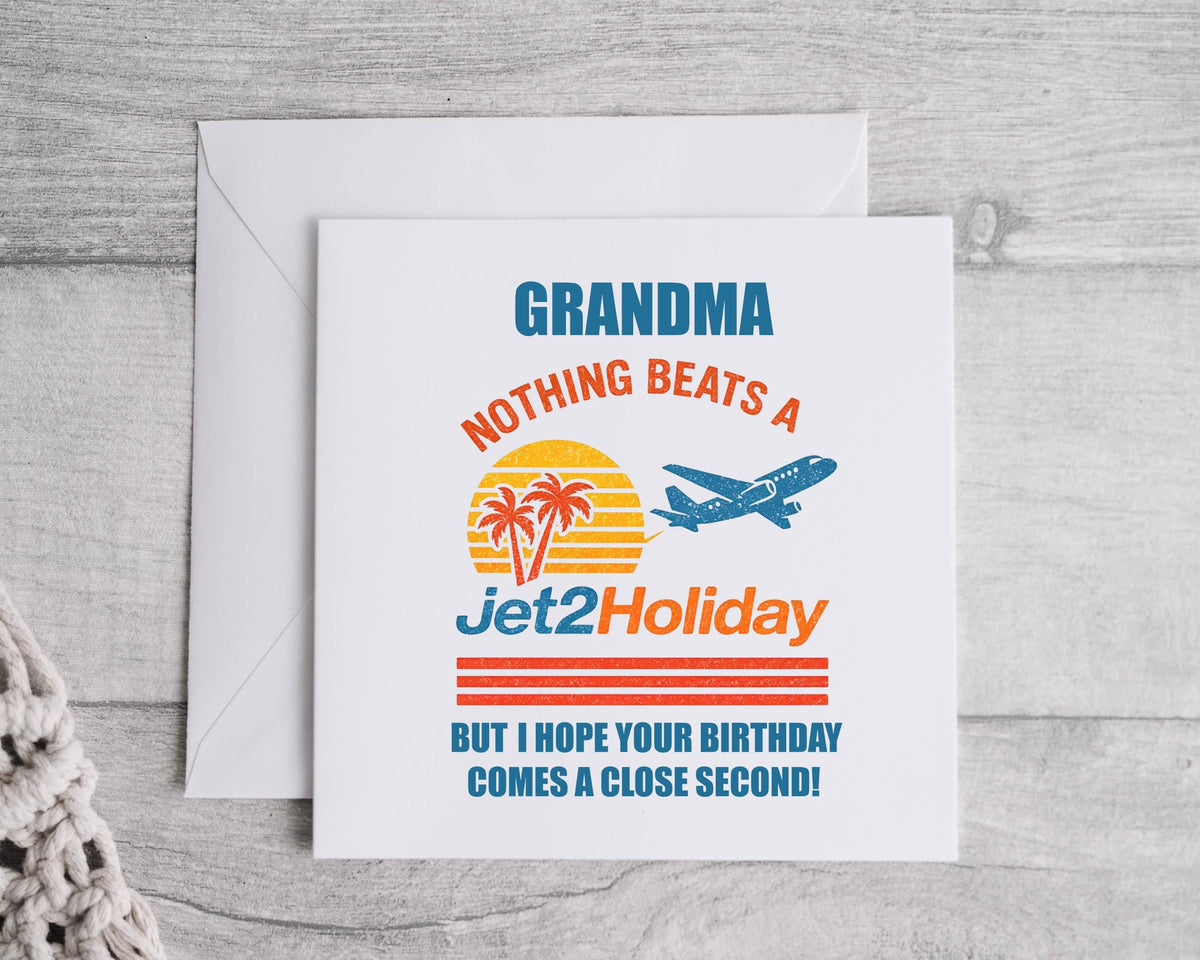 Personalised Grandma Birthday Card: Jet Holiday Design - Fast UK Postage