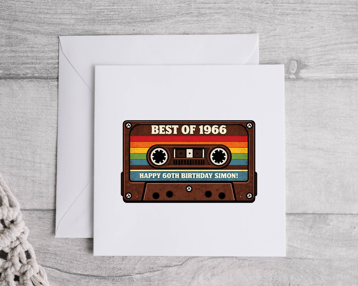 Personalised 60th Birthday Card: Retro Cassette 1966 Design - Fast UK Shipping