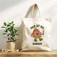 Personalised 50th Birthday Tote Bag - Fab at Fifty Crown Design - Tracked UK Shipping