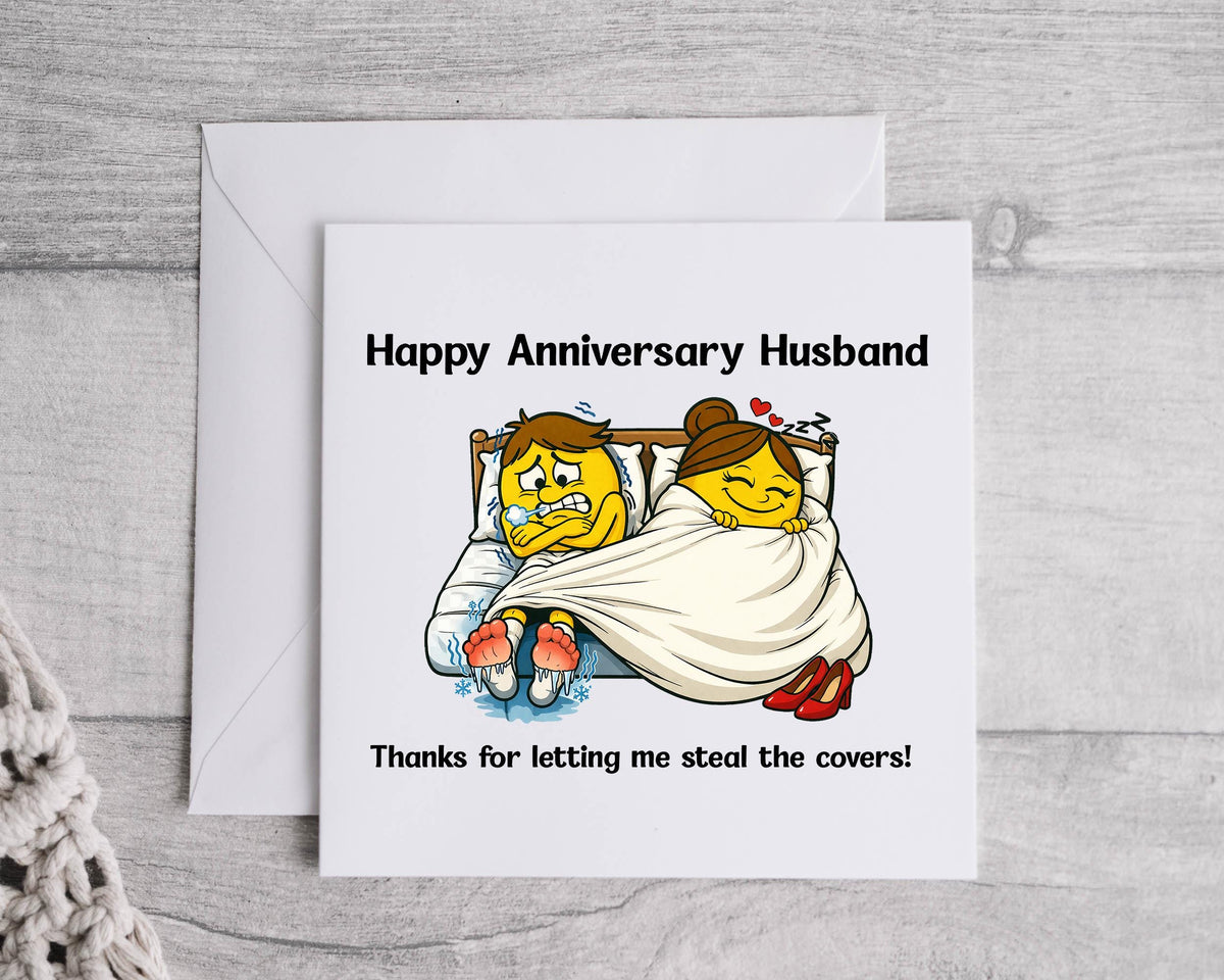 Funny Husband Anniversary Card -  Freezing Steal the Covers Design - Custom print
