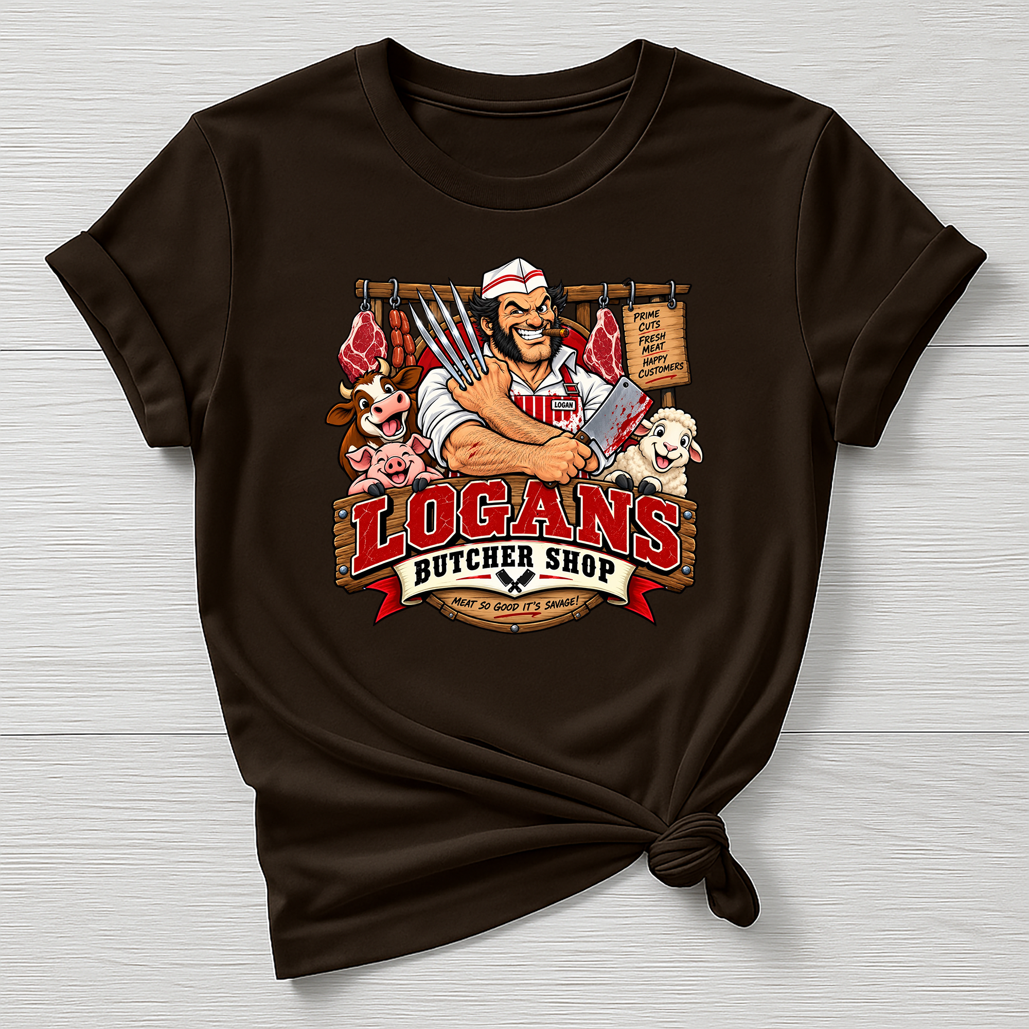 Logans Butcher Shop T-Shirt - Super Hero Parody Design - Gildan Softstyle