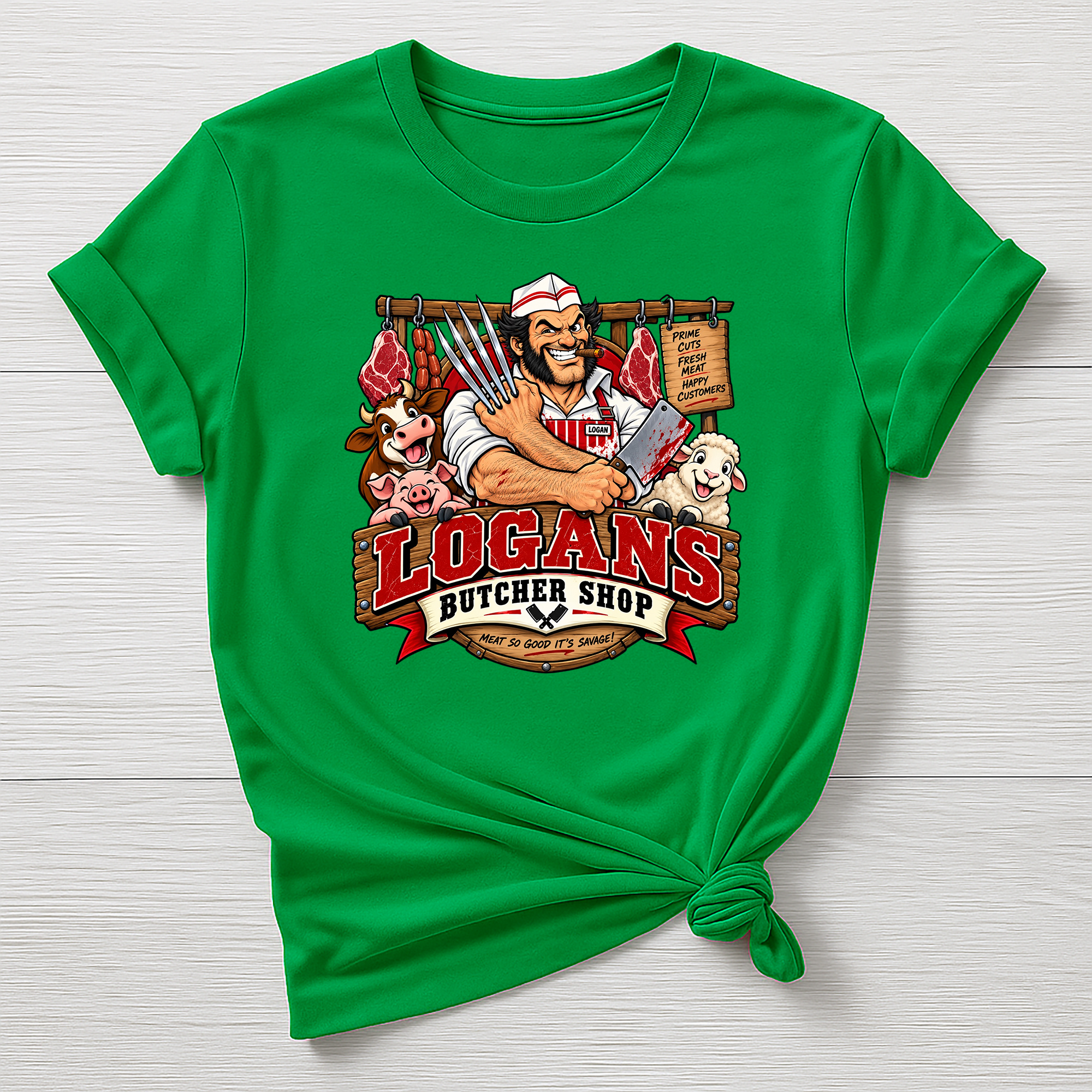 Logans Butcher Shop T-Shirt - Super Hero Parody Design - Gildan Softstyle
