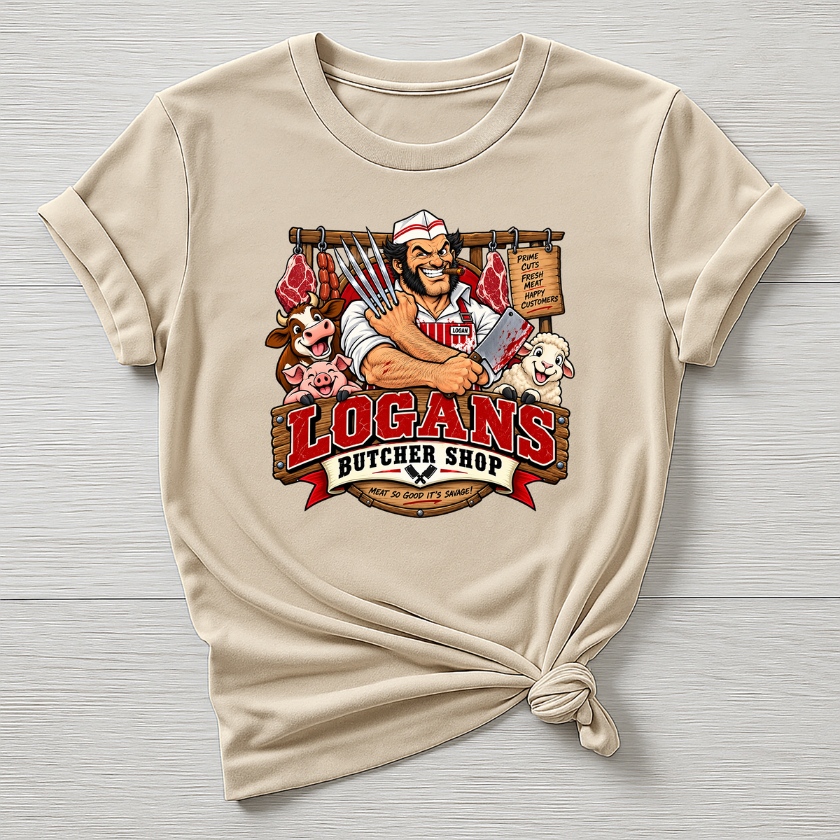 Logans Butcher Shop T-Shirt - Super Hero Parody Design - Gildan Softstyle