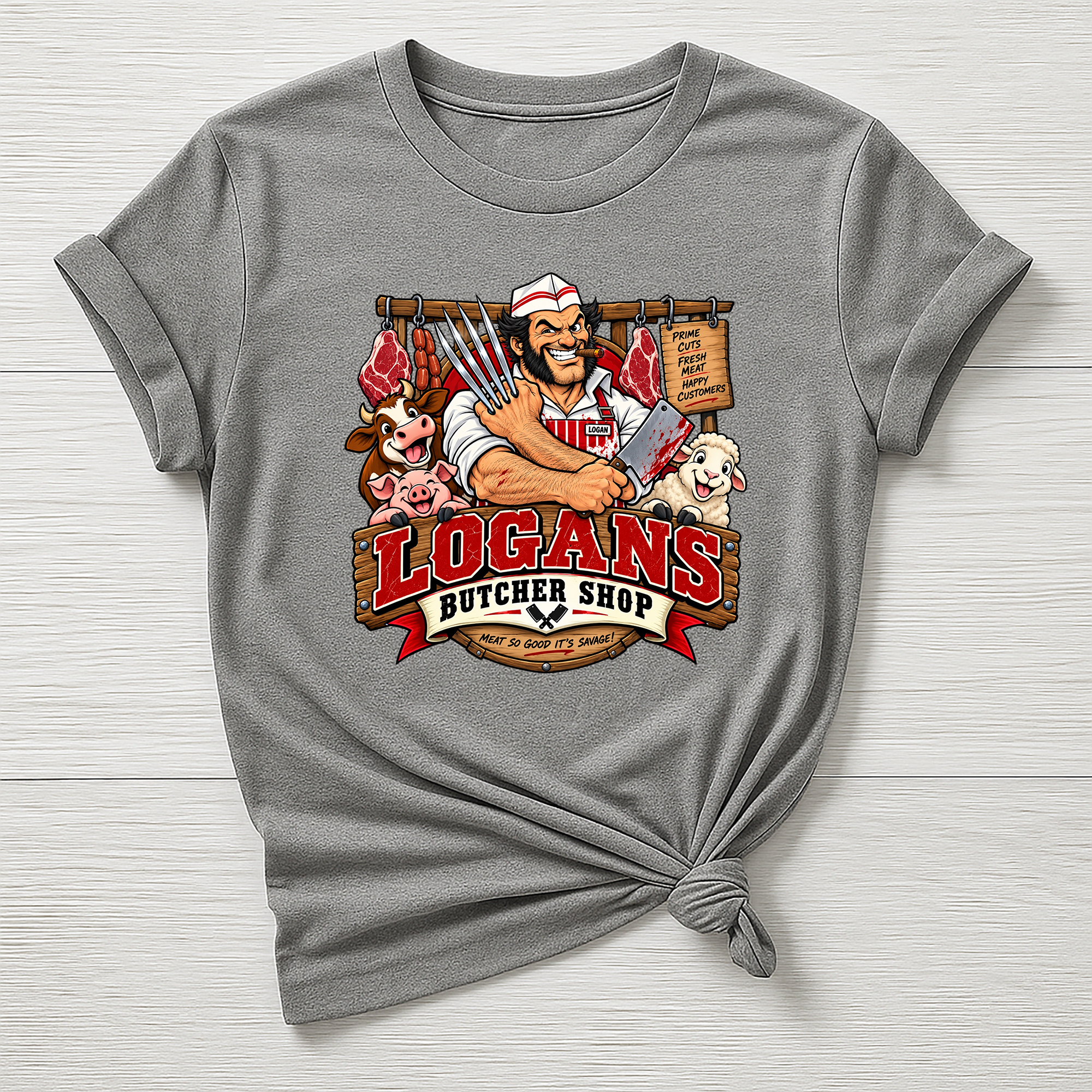 Logans Butcher Shop T-Shirt - Super Hero Parody Design - Gildan Softstyle