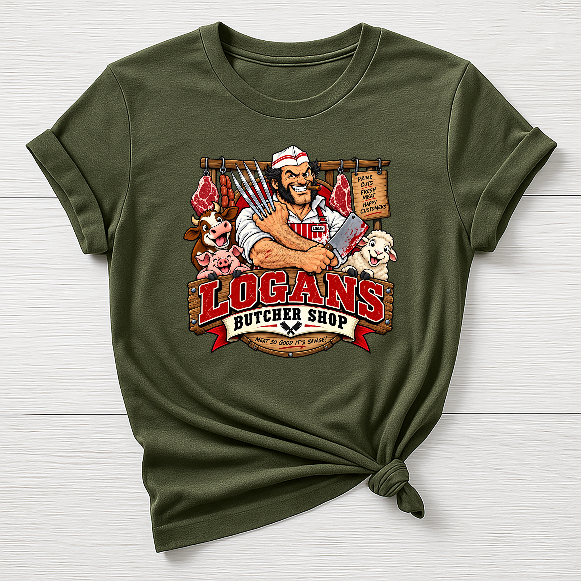 Logans Butcher Shop T-Shirt - Super Hero Parody Design - Gildan Softstyle