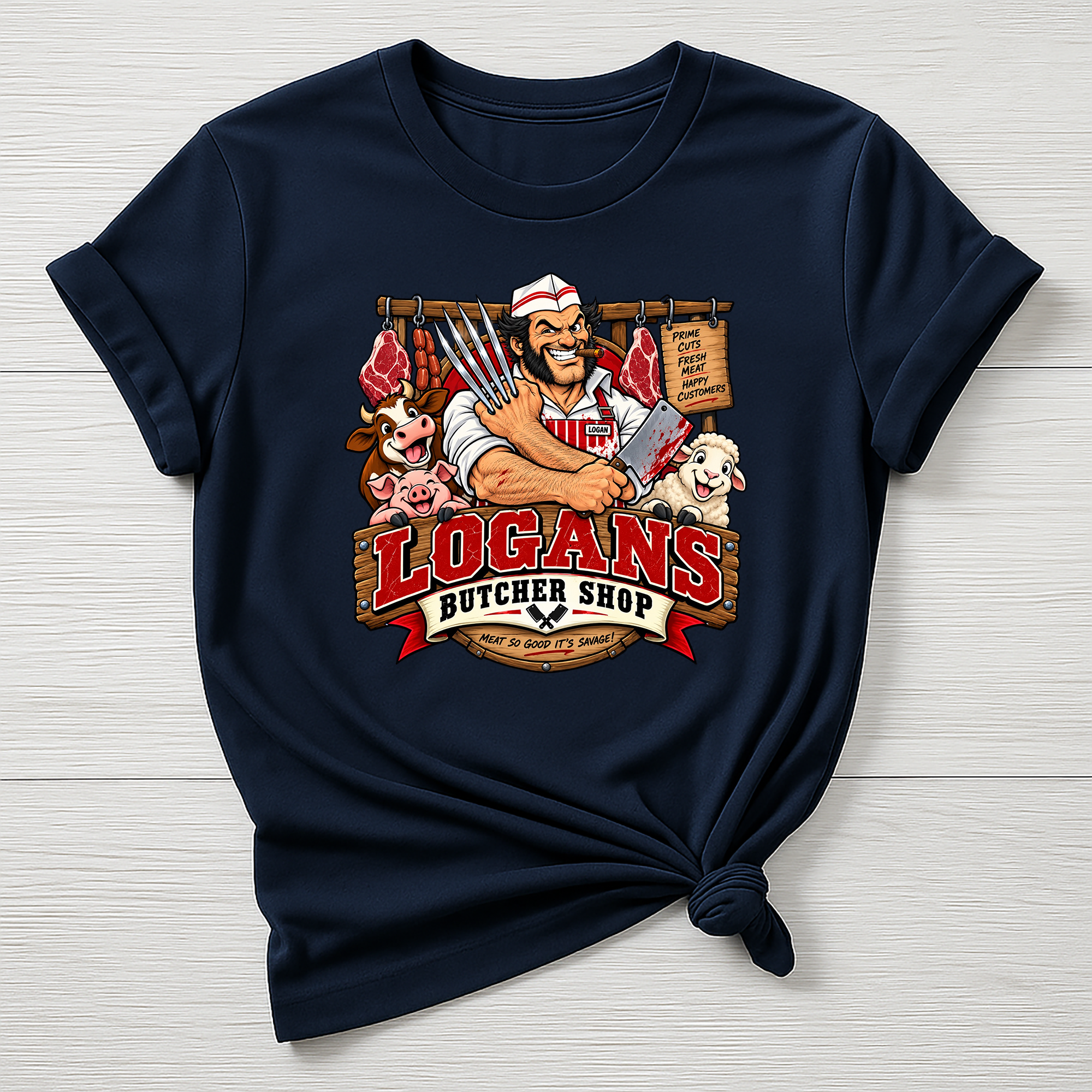 Logans Butcher Shop T-Shirt - Super Hero Parody Design - Gildan Softstyle
