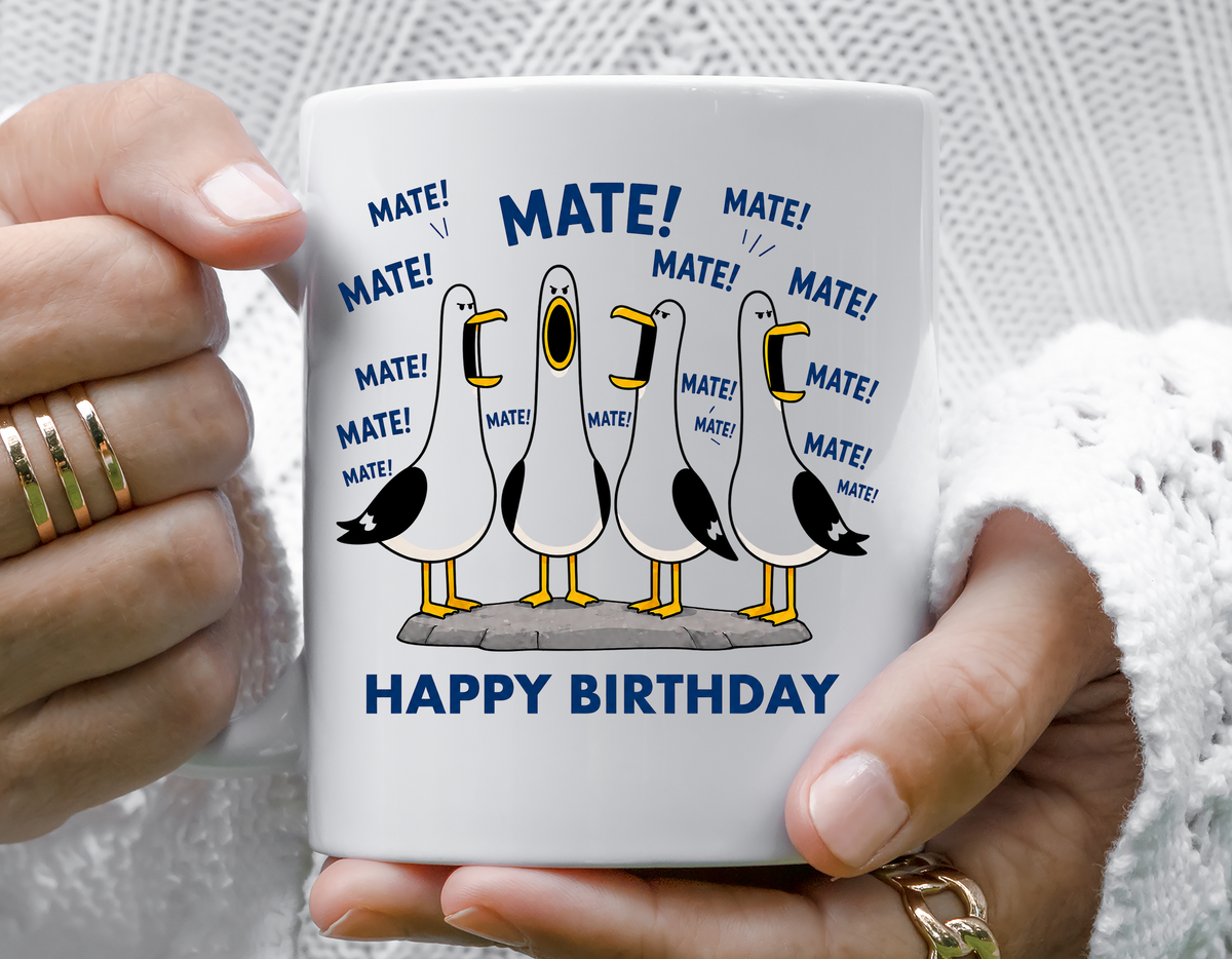Mates Birthday Mug - Seagulls Design with Fast Free Tracked UK Post