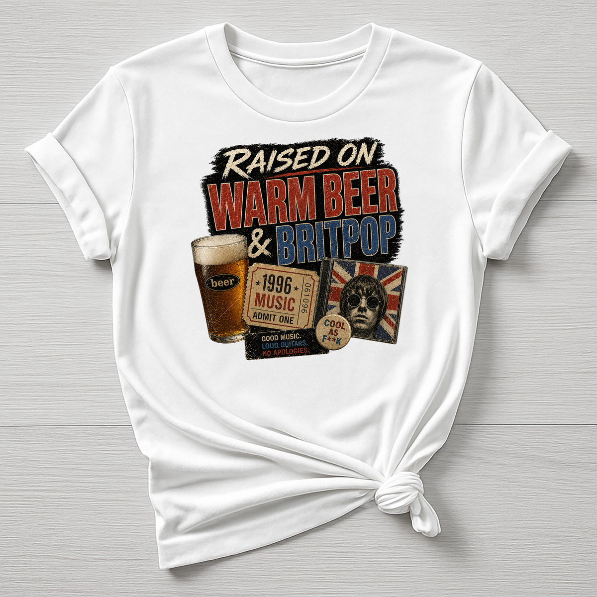 Music T-Shirt : Raised on Warm Beer & Britpop Design, Gildan Softstyle