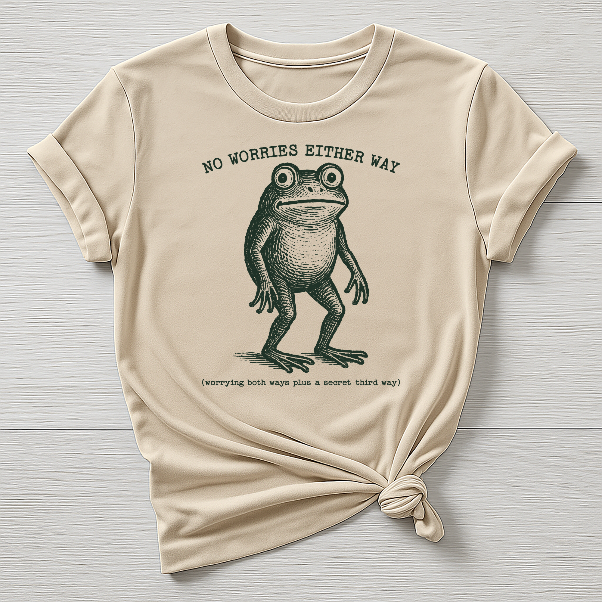 Parody Frog T-Shirt: Funny Graphic Tee - "No Worries Either Way"