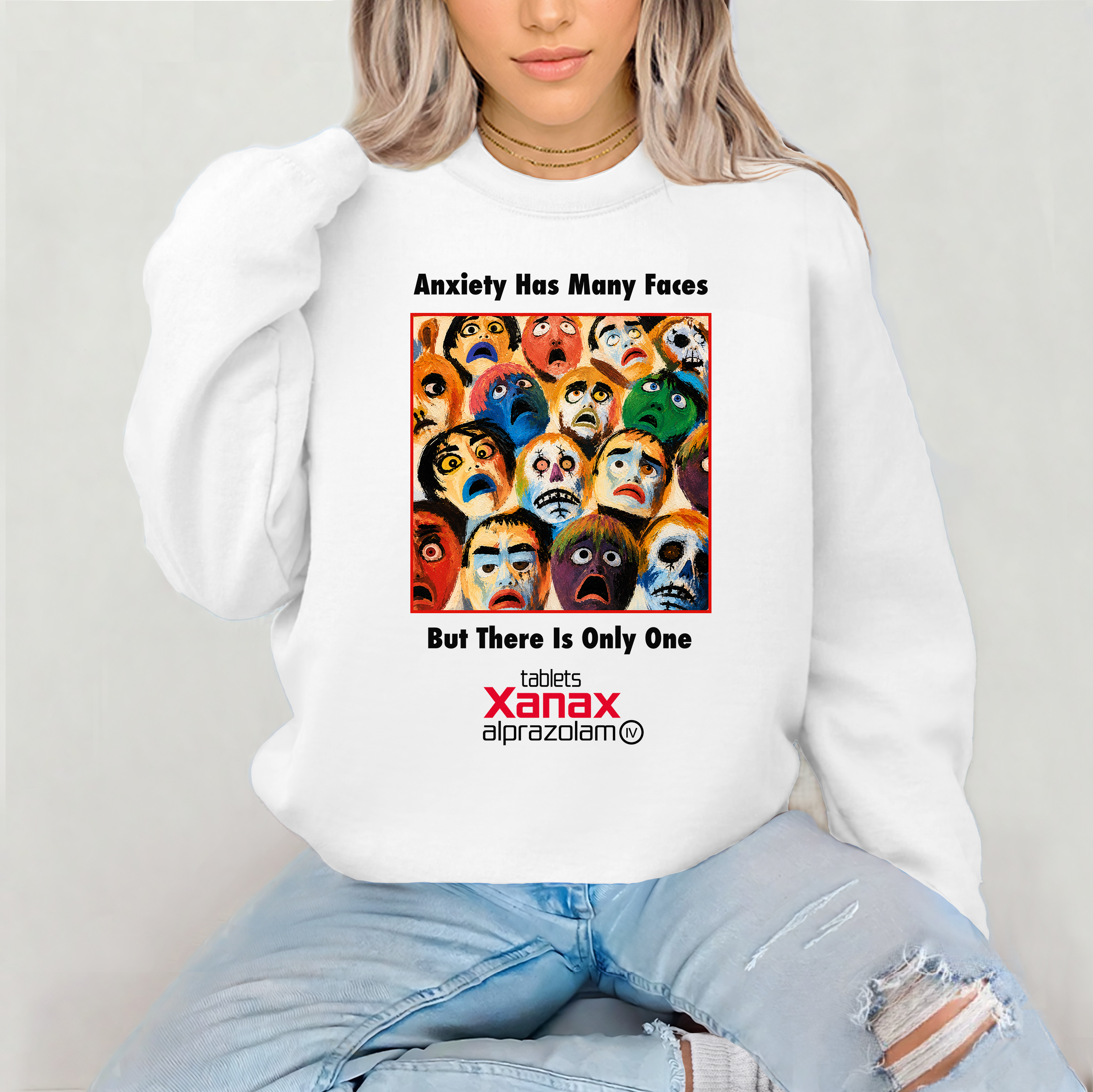 Music Sweatshirt: Anxiety Has Many Faces Xanax Design Gildan Heavyweight